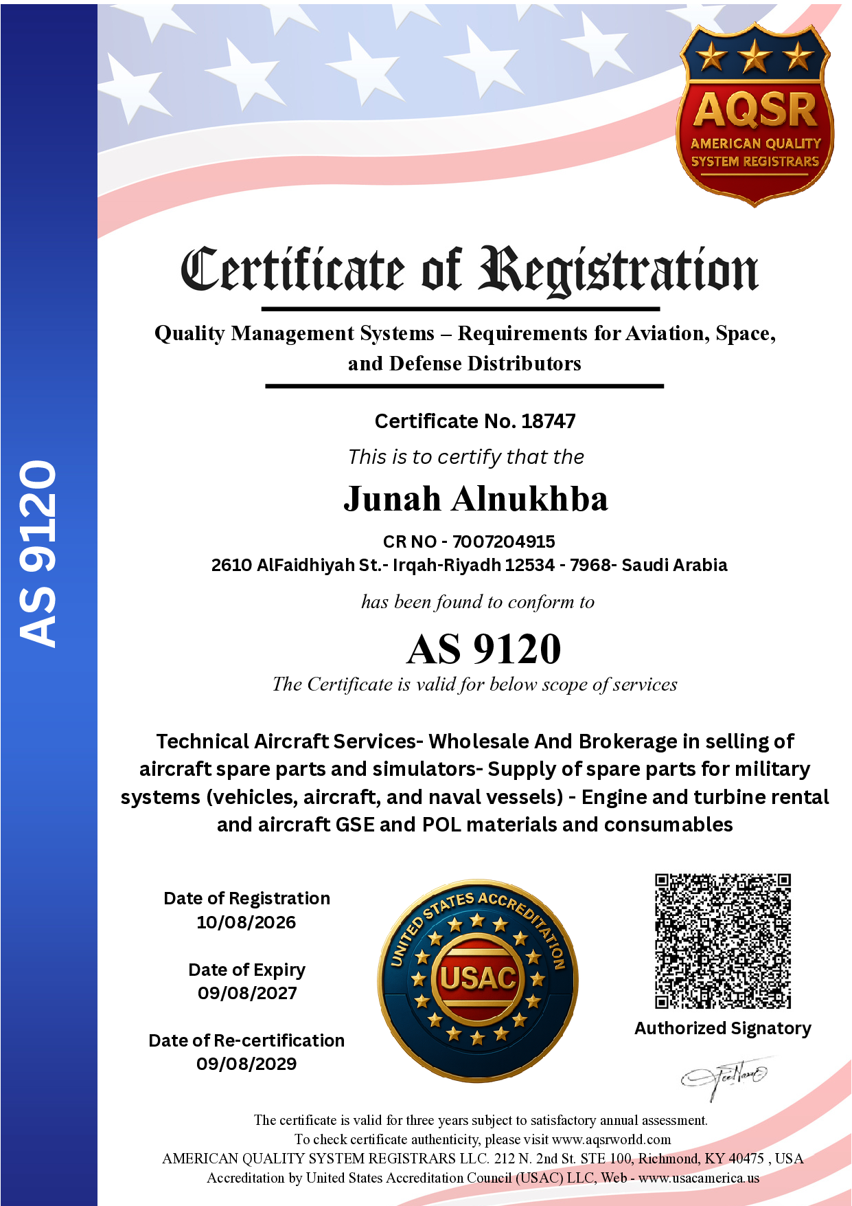 JUNAHALNUKHBA — AS 9120 certificate preview