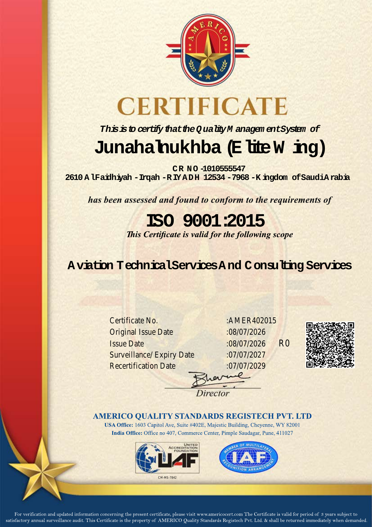 JUNAHALNUKHBA (Elite Wing) — ISO 9001 certificate preview