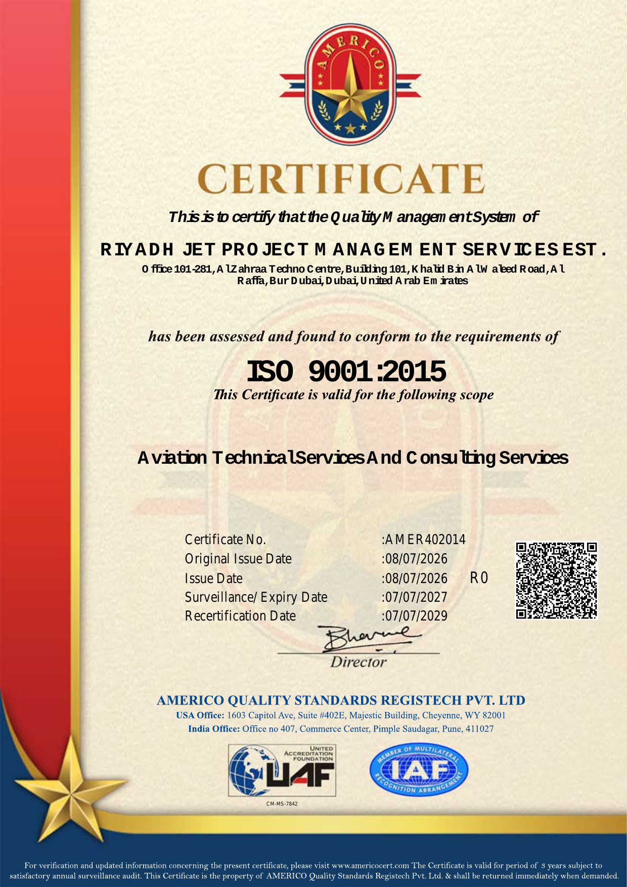 Riyadh Jet Project Management Services Est. certificate preview